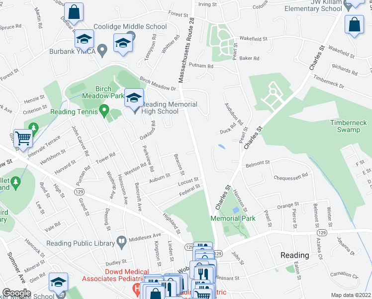map of restaurants, bars, coffee shops, grocery stores, and more near 11 Bethesda Lane in Reading