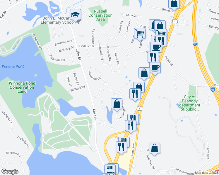 map of restaurants, bars, coffee shops, grocery stores, and more near 1605 Huckleberry Court in Peabody