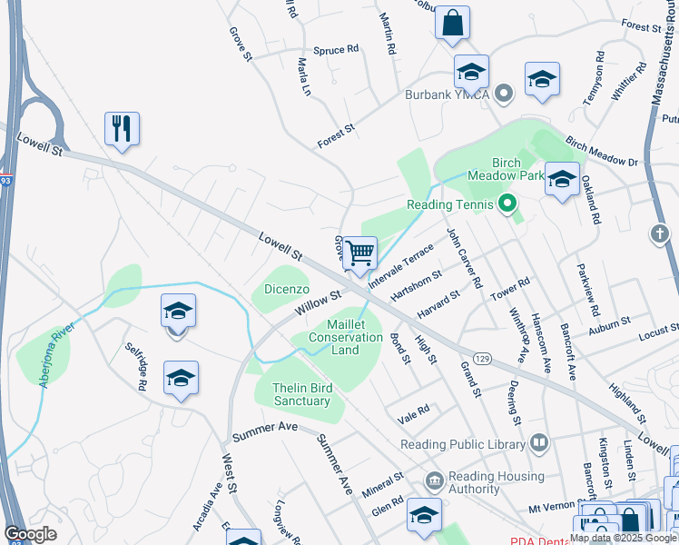 map of restaurants, bars, coffee shops, grocery stores, and more near 14 Grove Street in Reading