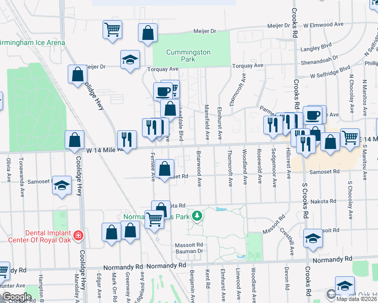 map of restaurants, bars, coffee shops, grocery stores, and more near 2415 West 14 Mile Road in Royal Oak