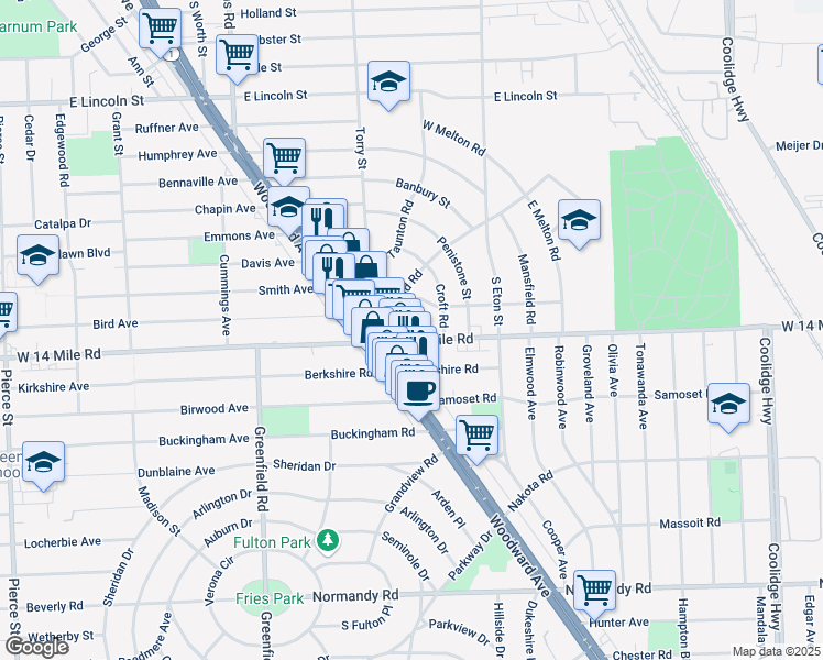 map of restaurants, bars, coffee shops, grocery stores, and more near 1703 East 14 Mile Road in Birmingham