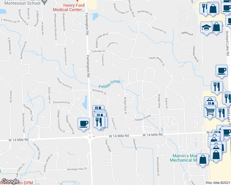 map of restaurants, bars, coffee shops, grocery stores, and more near 6026 Simsbury Court in West Bloomfield Township