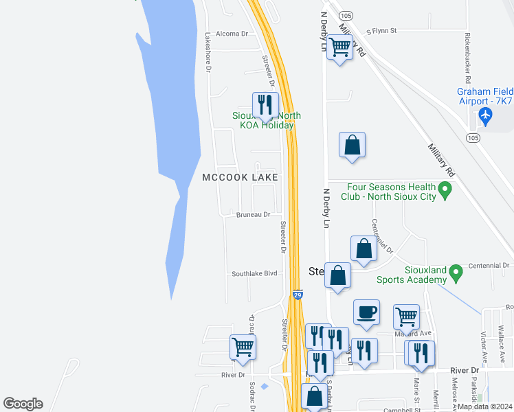 map of restaurants, bars, coffee shops, grocery stores, and more near 636 Lakeview Drive in North Sioux City