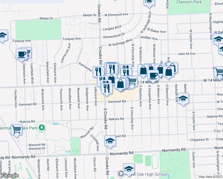 map of restaurants, bars, coffee shops, grocery stores, and more near 1301 West 14 Mile Road in Clawson