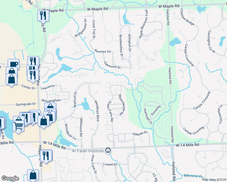 map of restaurants, bars, coffee shops, grocery stores, and more near 7356 Barrington Court in West Bloomfield Township