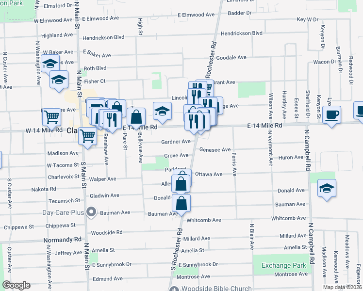 map of restaurants, bars, coffee shops, grocery stores, and more near 586 Gardner Avenue in Clawson