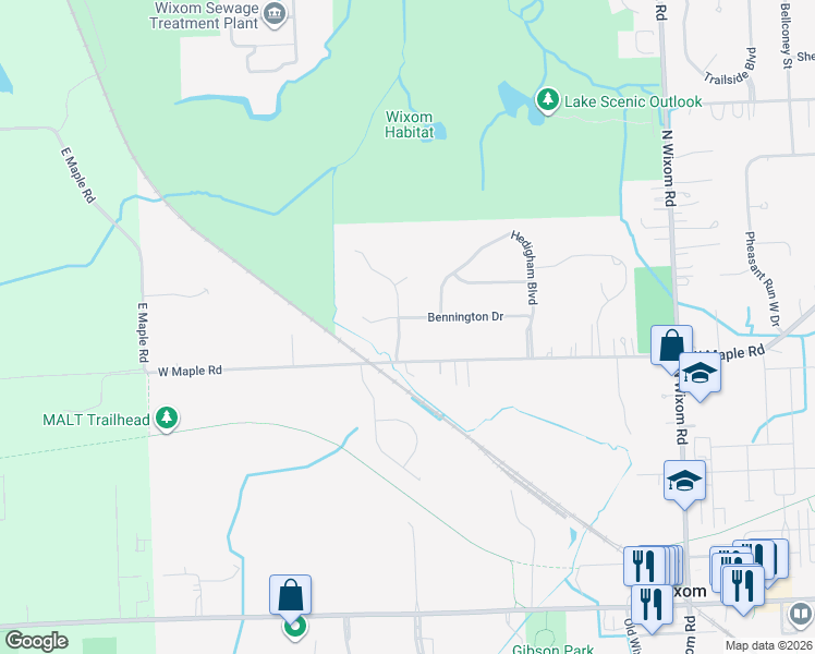 map of restaurants, bars, coffee shops, grocery stores, and more near 3283 Bennington Drive in Wixom