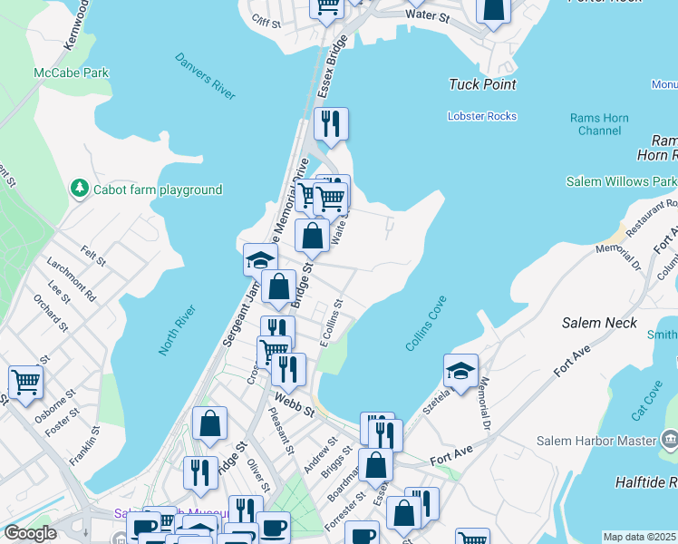 map of restaurants, bars, coffee shops, grocery stores, and more near 14 Planters Street in Salem