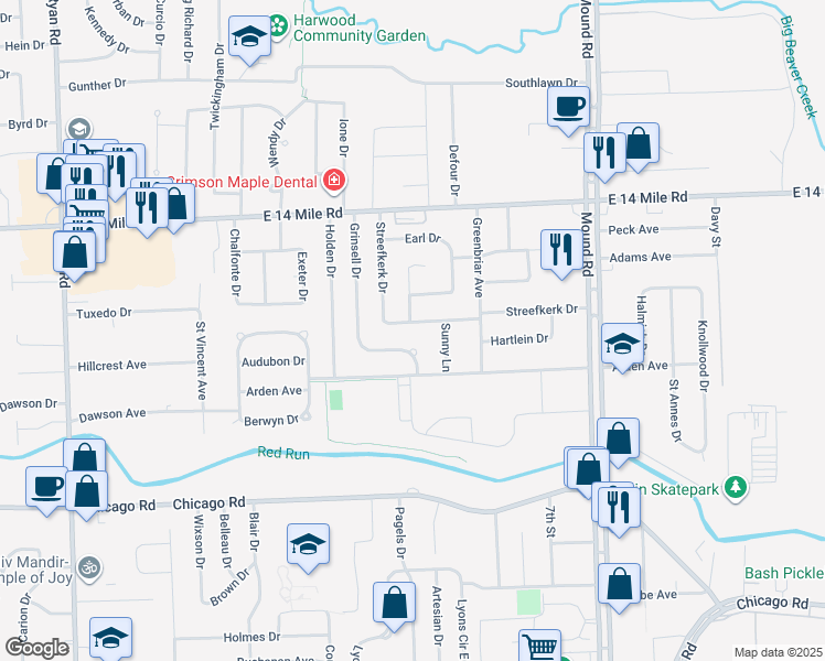 map of restaurants, bars, coffee shops, grocery stores, and more near 5268 Streefkerk Dr in Warren