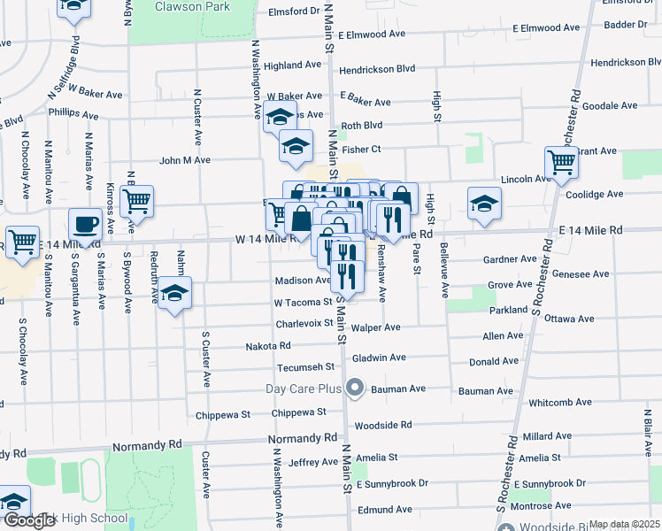 map of restaurants, bars, coffee shops, grocery stores, and more near 112 South Main Street in Clawson