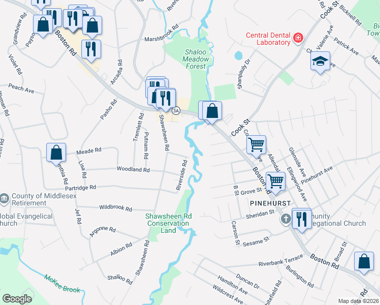 map of restaurants, bars, coffee shops, grocery stores, and more near 16 Seminole Road in Billerica