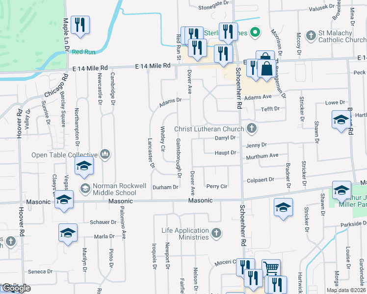 map of restaurants, bars, coffee shops, grocery stores, and more near 32329 Dover Avenue in Warren