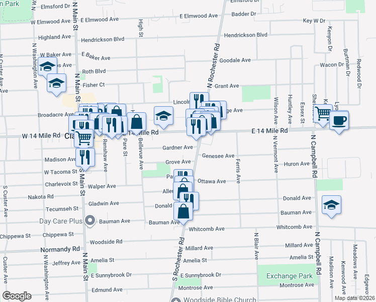 map of restaurants, bars, coffee shops, grocery stores, and more near 586 Gardner Avenue in Clawson
