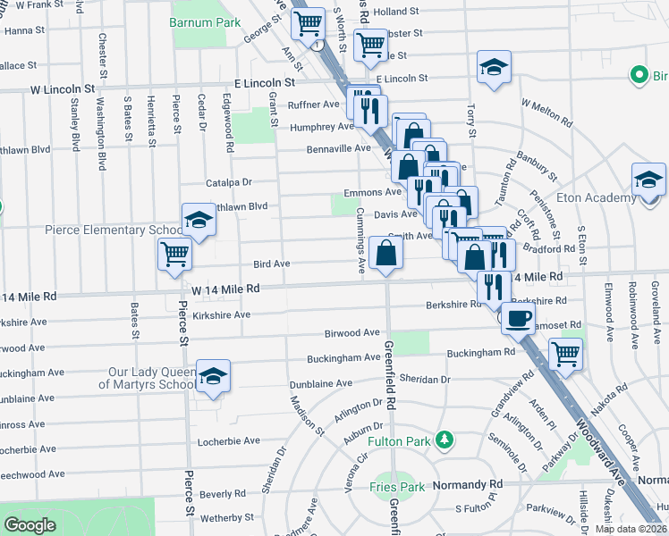map of restaurants, bars, coffee shops, grocery stores, and more near 976 Bird Avenue in Birmingham