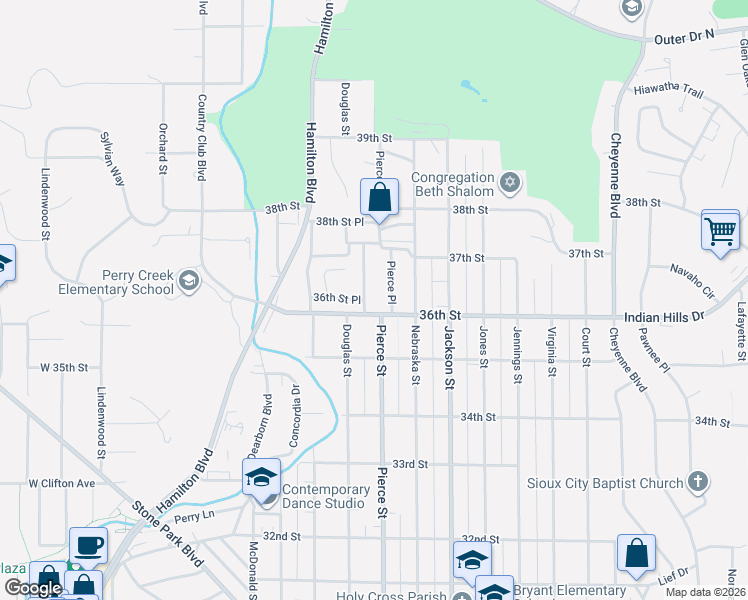 map of restaurants, bars, coffee shops, grocery stores, and more near 3607 Pierce Place in Sioux City