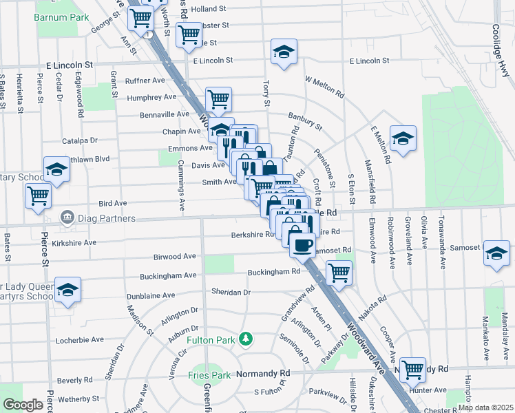 map of restaurants, bars, coffee shops, grocery stores, and more near 33101 Woodward Avenue in Birmingham