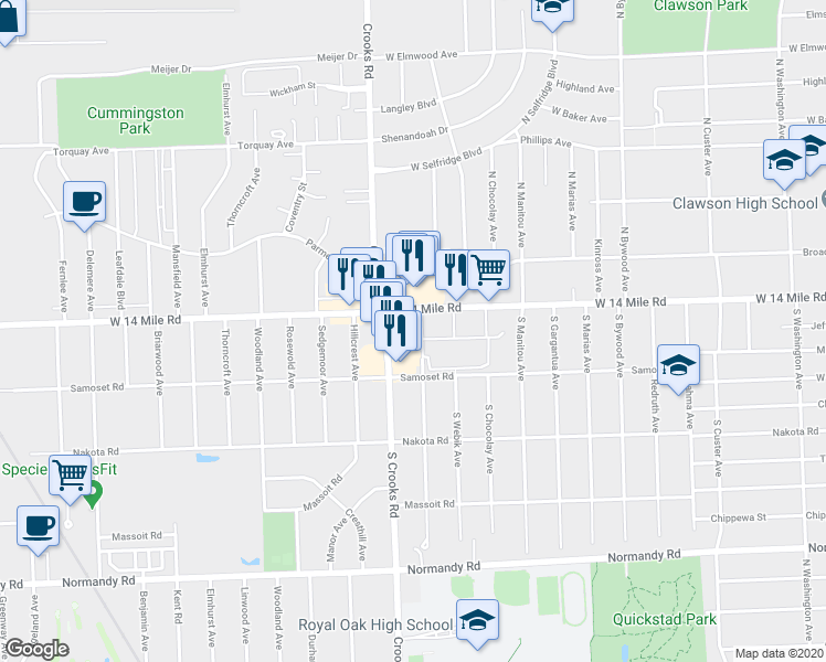 map of restaurants, bars, coffee shops, grocery stores, and more near 1301 West 14 Mile Road in Clawson