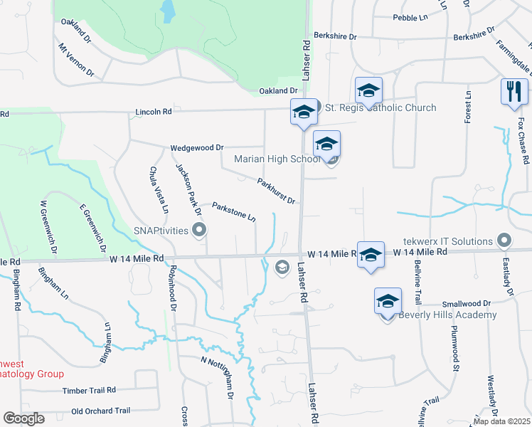 map of restaurants, bars, coffee shops, grocery stores, and more near 7435 Parkstone Lane in Bloomfield Hills