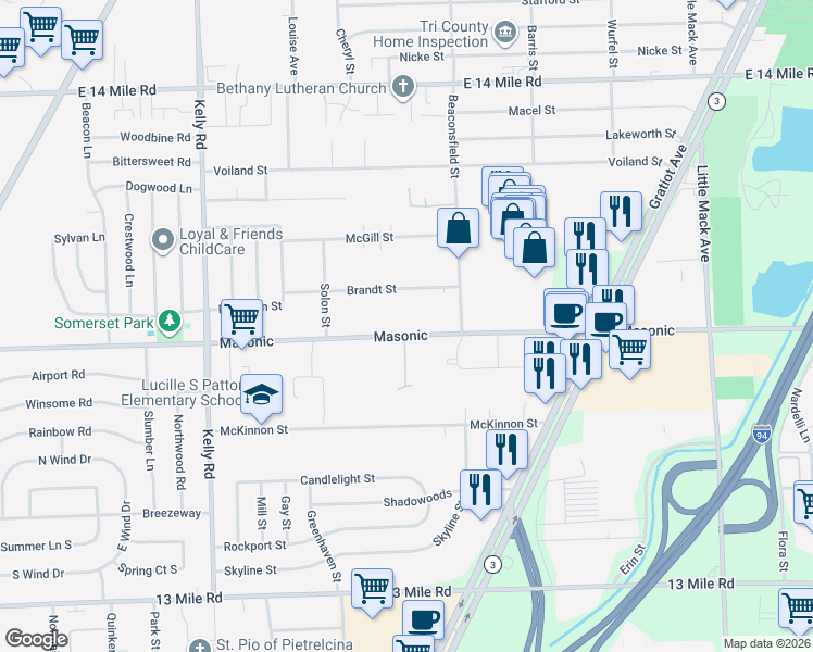 map of restaurants, bars, coffee shops, grocery stores, and more near 19451 Masonic in Roseville