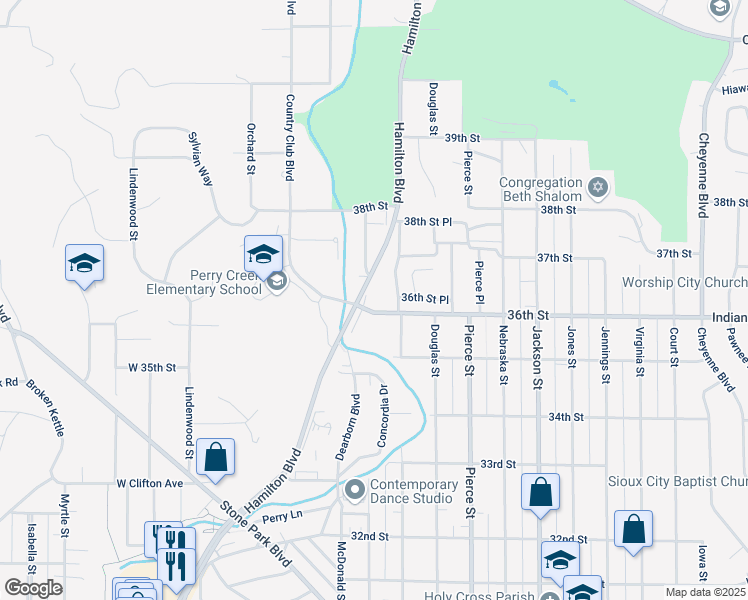 map of restaurants, bars, coffee shops, grocery stores, and more near 3606 Hamilton Boulevard in Sioux City