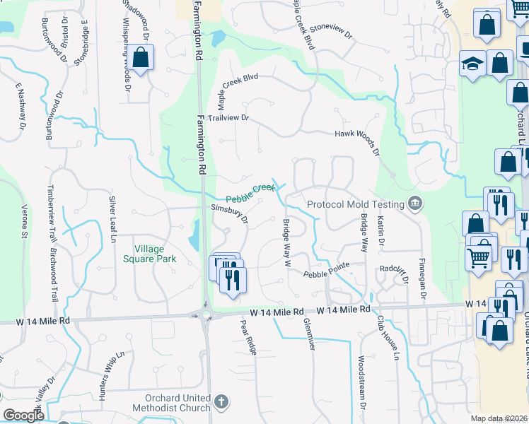 map of restaurants, bars, coffee shops, grocery stores, and more near 6026 Simsbury Court in West Bloomfield Township