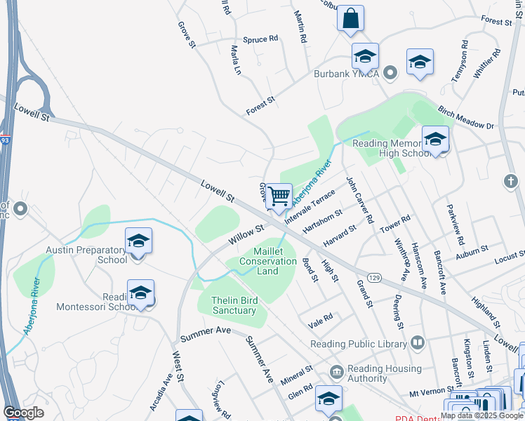 map of restaurants, bars, coffee shops, grocery stores, and more near 14 Grove Street in Reading