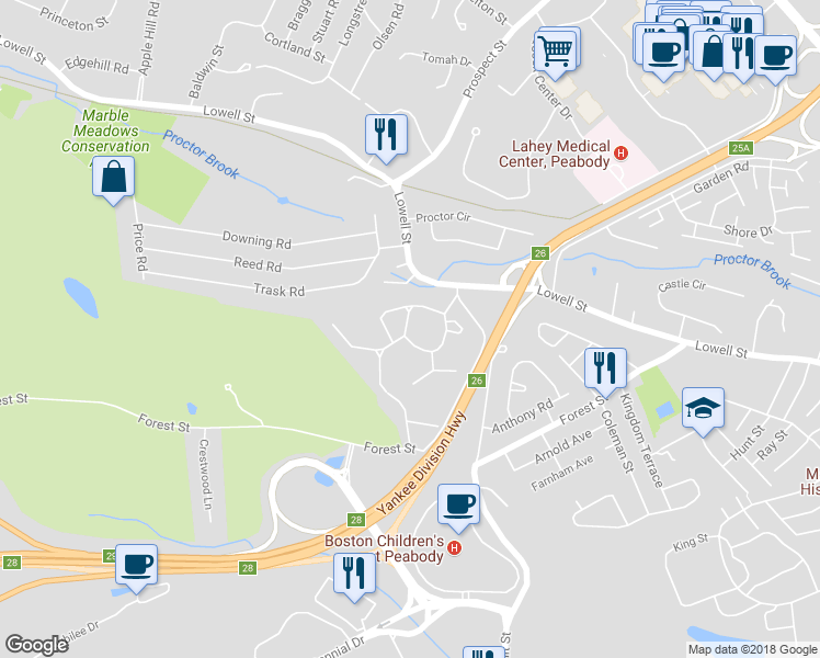 map of restaurants, bars, coffee shops, grocery stores, and more near 37 Hawthorne Circle in Peabody