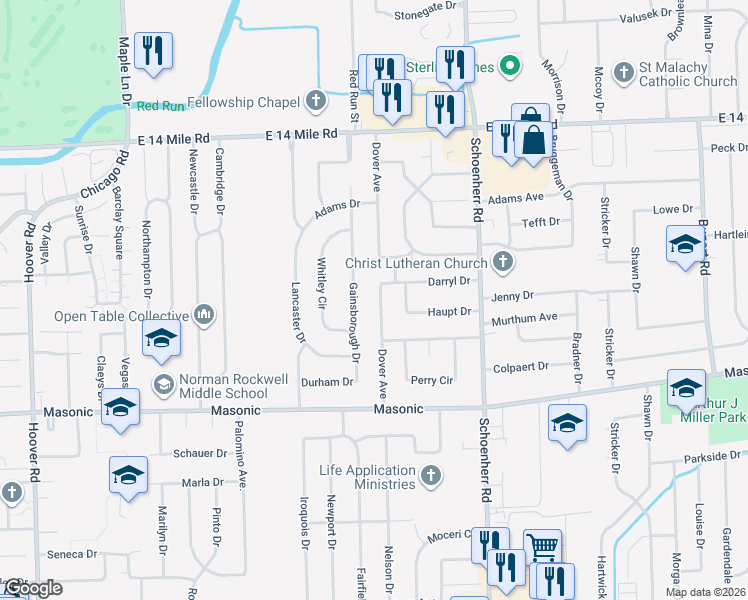 map of restaurants, bars, coffee shops, grocery stores, and more near 32329 Dover Avenue in Warren