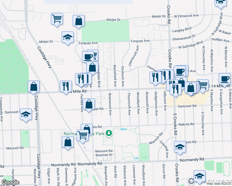 map of restaurants, bars, coffee shops, grocery stores, and more near 2303 West 14 Mile Road in Royal Oak