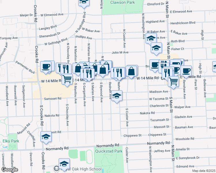 map of restaurants, bars, coffee shops, grocery stores, and more near 46 Redruth Avenue in Clawson