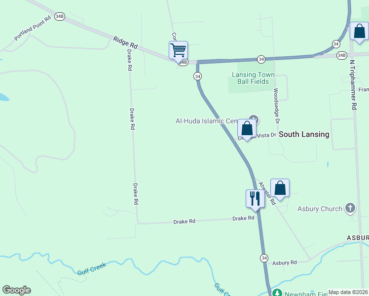 map of restaurants, bars, coffee shops, grocery stores, and more near 211 Drake Road in Lansing