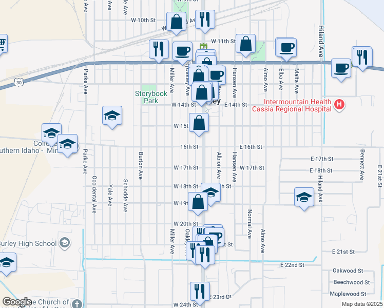 map of restaurants, bars, coffee shops, grocery stores, and more near 1619 Oakley Avenue in Burley