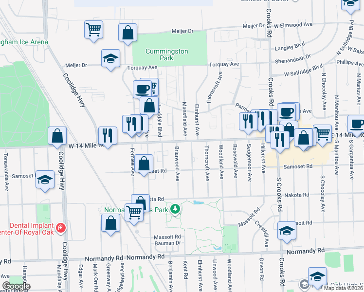 map of restaurants, bars, coffee shops, grocery stores, and more near 2303 West 14 Mile Road in Royal Oak
