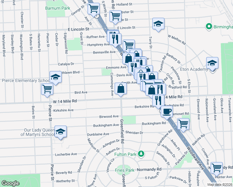 map of restaurants, bars, coffee shops, grocery stores, and more near 1166 Bird Avenue in Birmingham