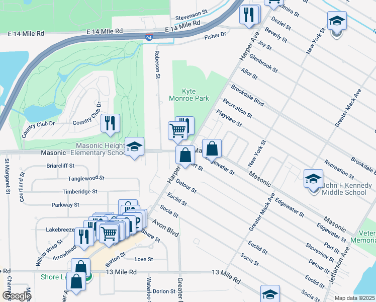 map of restaurants, bars, coffee shops, grocery stores, and more near Harper Ave & Masonic Blvd in St Clair Shores