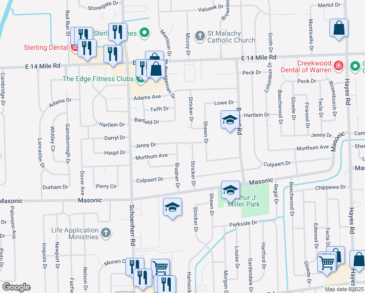map of restaurants, bars, coffee shops, grocery stores, and more near 32224 Bradner Drive in Warren