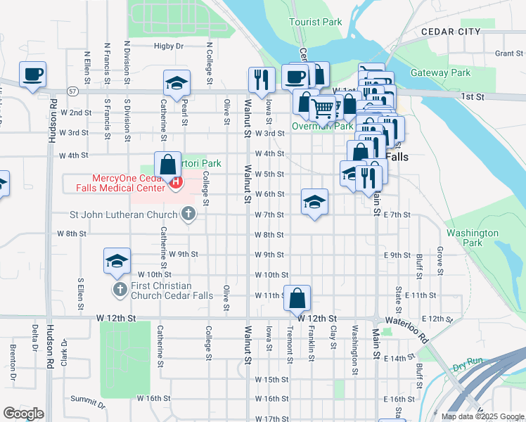 map of restaurants, bars, coffee shops, grocery stores, and more near 621 Iowa Street in Cedar Falls