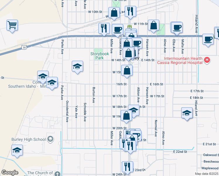 map of restaurants, bars, coffee shops, grocery stores, and more near 1618 Miller Avenue in Burley