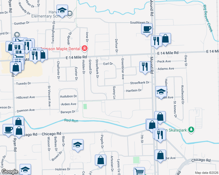 map of restaurants, bars, coffee shops, grocery stores, and more near 5268 Streefkerk Drive in Warren