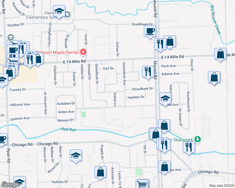 map of restaurants, bars, coffee shops, grocery stores, and more near 5412 Streefkerk Drive in Warren