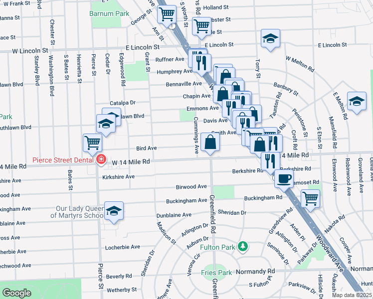 map of restaurants, bars, coffee shops, grocery stores, and more near 976 Bird Avenue in Birmingham