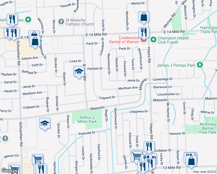 map of restaurants, bars, coffee shops, grocery stores, and more near 14643 Murthum Avenue in Warren