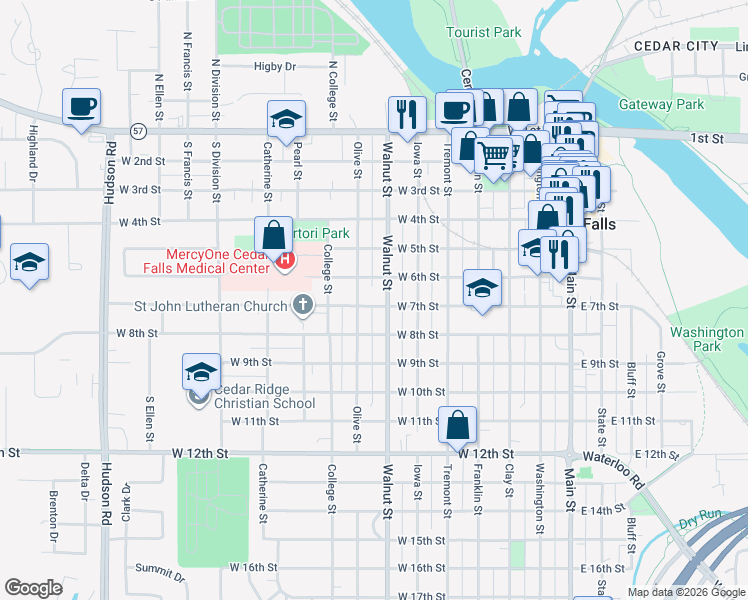 map of restaurants, bars, coffee shops, grocery stores, and more near 709 West 7th Street in Cedar Falls