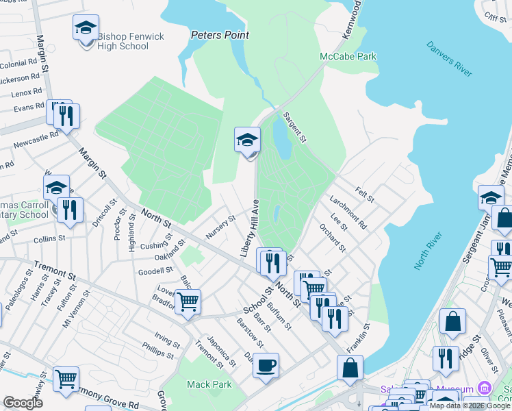 map of restaurants, bars, coffee shops, grocery stores, and more near 50 Liberty Hill Avenue in Salem