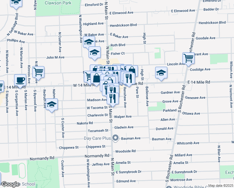 map of restaurants, bars, coffee shops, grocery stores, and more near 911 Gardner Avenue in Clawson