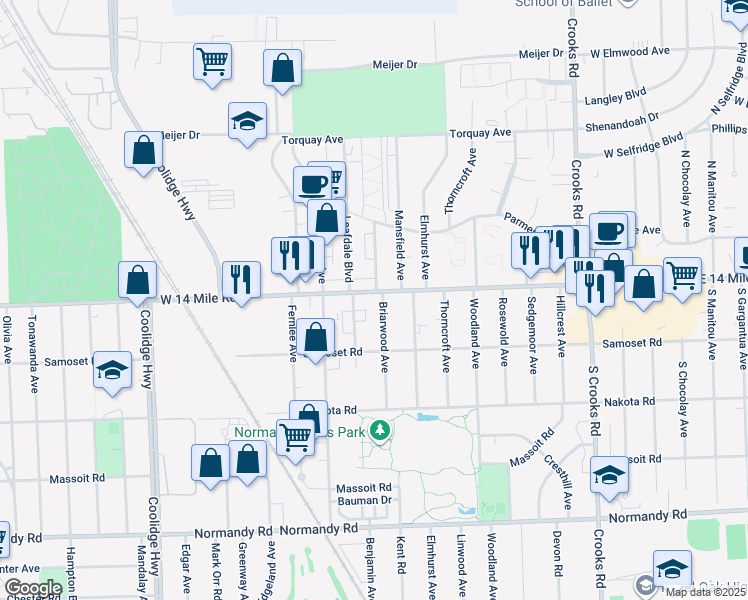 map of restaurants, bars, coffee shops, grocery stores, and more near 2415 West 14 Mile Road in Royal Oak