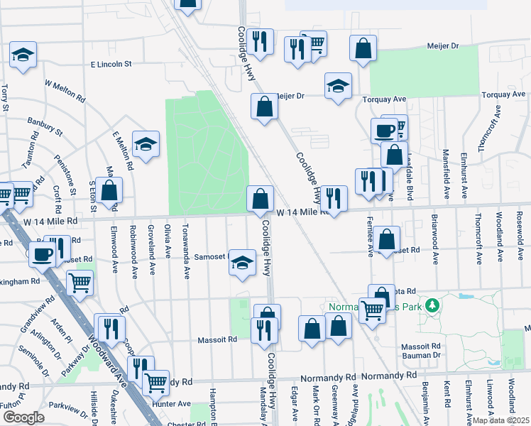 map of restaurants, bars, coffee shops, grocery stores, and more near 3074 West 14 Mile Road in Birmingham