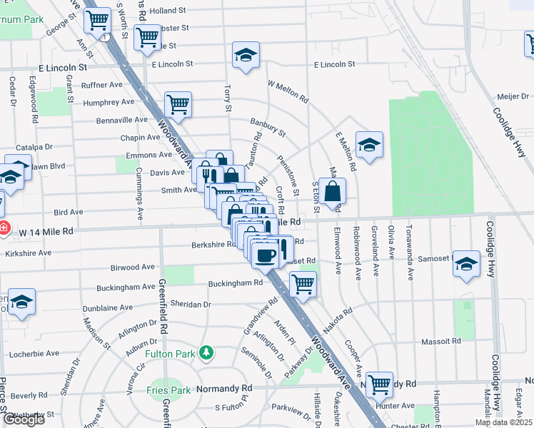 map of restaurants, bars, coffee shops, grocery stores, and more near 1775 East 14 Mile Road in Birmingham