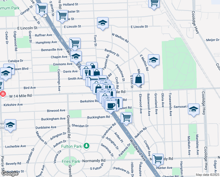 map of restaurants, bars, coffee shops, grocery stores, and more near 1775 East 14 Mile Road in Birmingham