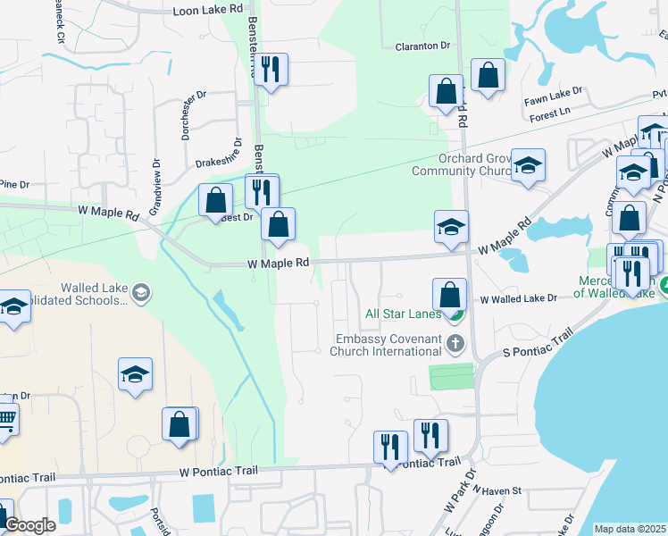 map of restaurants, bars, coffee shops, grocery stores, and more near 1537 West Maple Road in Walled Lake